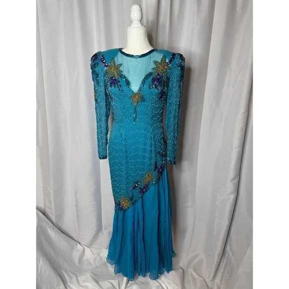 Vintage‎ Alyce Designs 100% Silk Beaded Floor Length Dress 1980s Blue Teal Sz 10